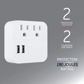 GE Pro 2-Outlet Extender Surge Protector with 2 USB Ports, Charging Station, Wall Tap Adapter, 3-Prong, 280 Joules, 1.0 AMP/5 Watt, UL Listed, White, 37144