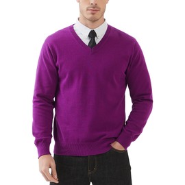 KALLSPIN Men's V Neck Sweater Pullover 100% Cotton Regular Fit Long Sleeve Knitting Sweaters(Purple,XX-Large)