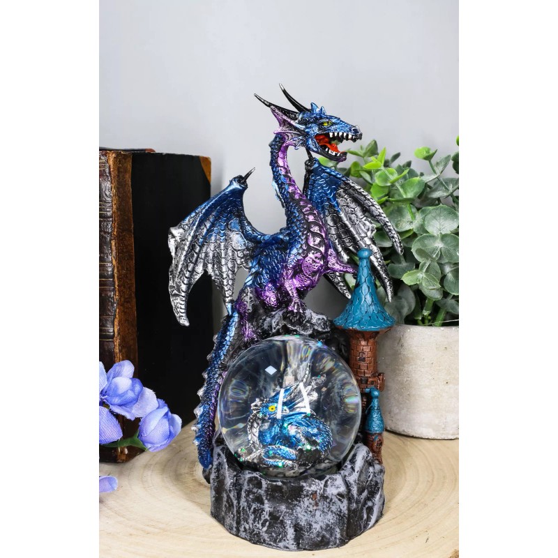 Metallic Blue Dragon On Cliff Rocks Castle With A Wyrmling