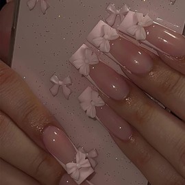 24Pcs White French Tip Press on Nails Long Square Fake Nails White Bow Press Ons Full Cover Acrylic Tips Glue on Nails Artificial Reusable Cute Pink False Nails Stick on Nails for Women Manicure Salon