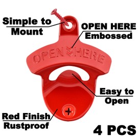 HAIICEN Rustproof Wall Mount Beer Bottle Opener Red, Post Mounted Soda Cap Opener Gift (Pack of 4)