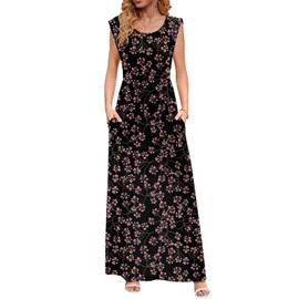 DB MOON Womens 2025 Summer Maxi Dresses Empire Waist Long Casual Sundress Cap Short Sleeve Dress with Pockets XL, Black Pink Floral