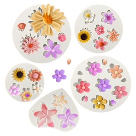 5Pcs Flower Silicone Molds, Chocolate Fondant Flower Mould Polymer Clay Mold, Daisy Sunflower Rose Molds for DIY Crafting Baking Cupcake Decoration
