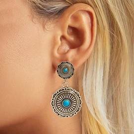Western Turquoise Earrings for Women Bohemian Vintage Turquoise Geometric Ethnic Teardrop Earrings Statement Western Country Jewelry (Short Gold)