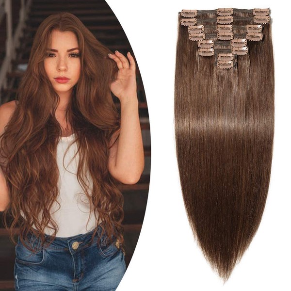 Clip-In Real Hair Extensions Real Hair Clip-In Extensions Natural Real Hair Thick Weft Remy Real Hair Extensions Double Wefts 8 Wefts 18 Clips Straight 60 cm - 170 g (#4 Medium Brown)
