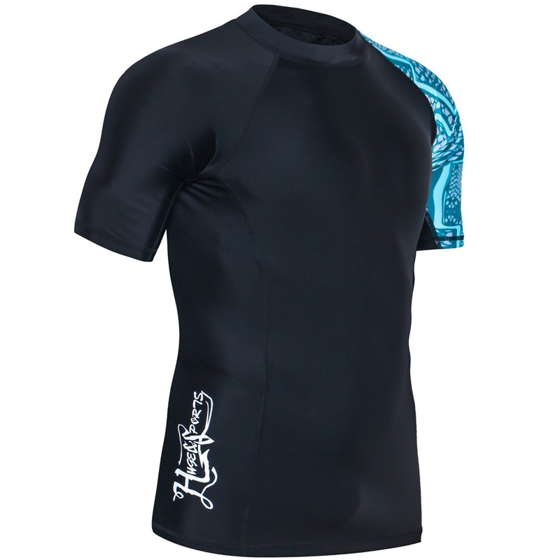 HUGE SPORTS Men's Splice Sun Protection Rash Guard Short Sleeves(Zigzag,L)