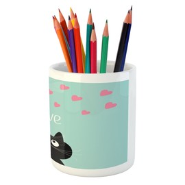 Lunarable Valentines Pencil Pen Holder, Kitty Heart Cat Companions Illustration, Ceramic Pencil Holder for Desk Office Accessory, 3.6" X 3.2", Seafoam Pink Black