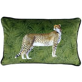 Riva Paoletti Cheetah Forest Cushion Cover - Green - Palm Leaf Design - Velvet Feel Fabric - Piped Edges - Machine Washable - 100% Polyester - 30 x 50cm (12" x 20" inches) - Designed in the UK