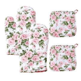 Lashua Oven Mitts and Pot Holders, 4 Pieces Cooking Gloves Cotton, Oven Gloves Non-Slip Protection, Flower, Pink