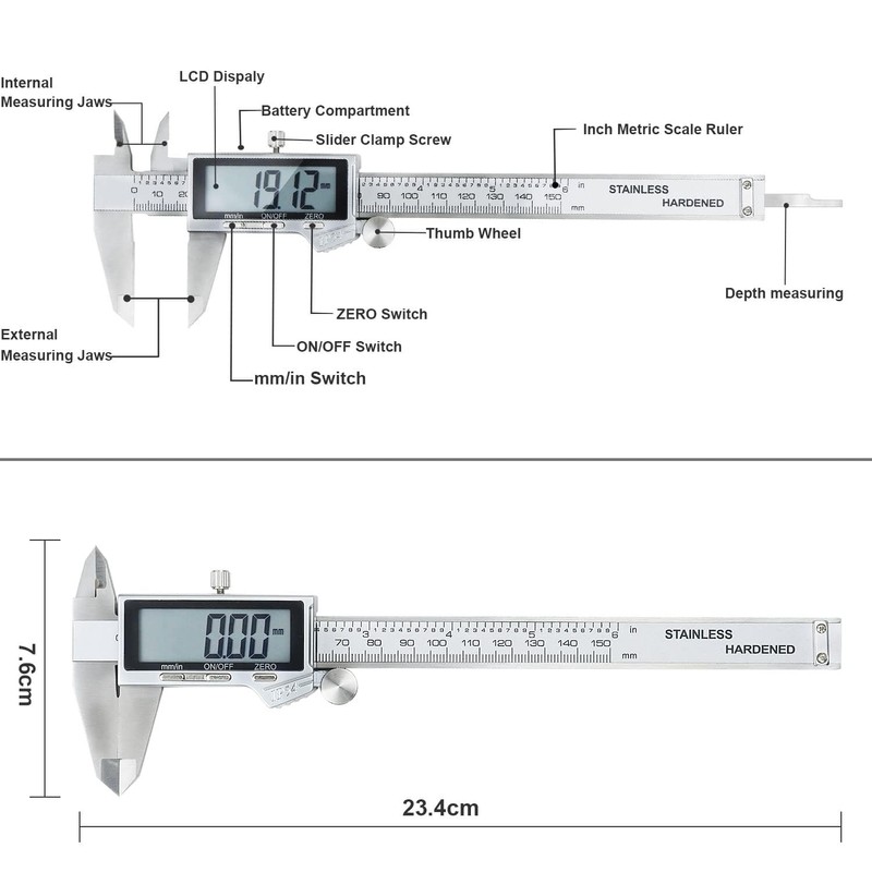Electronic Digital Vernier Caliper, LOUISWARE Stainless Steel Caliper 150mm/0-6 inch