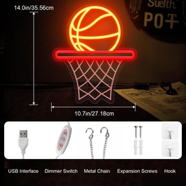 Basketball Neon Sign, Led Basketball Sport Neon Light Sign，Powered by USB Neon Sign for Wall Decor, Dimmable LED Neon Signs for Living Room Bedroom Man Cave Home College Club Shop（Orange, Red）