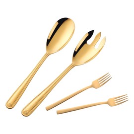 TUPMFG 30 cm Stainless Steel Salad Servers, Gold Salad Spoon & Salad Fork with 2 Forks, Salad Cutlery Set for Home & Camping, Dishwasher Safe