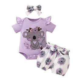 JiAmy Newborn Outfit Set 3-Piece Baby Girl Ruffle Lace Romper with Animal Printed Bodysuit Shorts with Headband for 0-18 Months, Purple (purple 1)