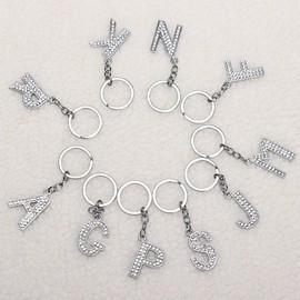 TOYANDONA Initial Alphabet Keychain Bling Shiny Diamond Letter Charm Silver Key Ring Capital Name Keychain Backpack Ornament for Women Men Letter