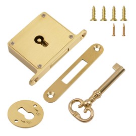 UFURMATE Vintage Lock, 1 Pack Matte Brushed Golden Cabinet Lock Set with Key Retro Desk Drawer Spring Lock Decorative Antique Brass Lock for Drawer, Cupboard, Jewelry Boxes (Center Keyhole)