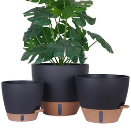 THEJIYUE Self-Watering Plant Pots for Indoor Plants: 8/10/12 Inch Large Plastic Planter with Water Level Indicator, Drainage Holes & Deep Reservoir, Modern Decorative Flower Pot (Black)