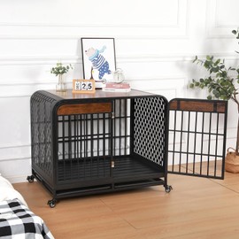 42 inch Heavy Duty Dog Crate Furniture for Large High Anxiety Dogs, Indestructible Indoor House Kennel with Curved Design, Escape-Proof and Chew-Proof Pet Cage, Black Brown