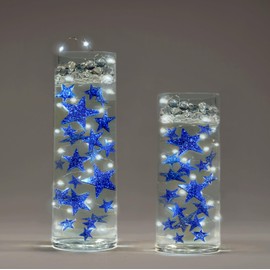 Vase Pearlfection 50 Floating Stars Glitter Blue- Large- 3 White Submersible LED Fairy Lights Strings, Hidable Submersible Batteries- 1 Gallon of Transparent Water Gels for Your Vases