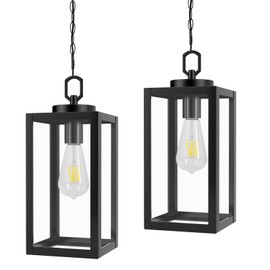 2 Pack Outdoor Pendant Light for Porch,Black Lantern Hanging Chandelier with Adjustable Chain, Anti-Rust Exterior Hanging Ceiling Fixture for Hallway,Front Door,Entryway Patio