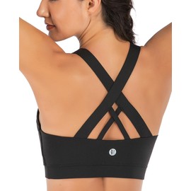 RUNNING GIRL Sports Bra for Women, Criss-Cross Back Padded Strappy Sports Bras Medium Support Yoga Bra with Removable Cups A-Black