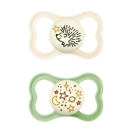 MAM Supreme Night Soothers Set of 2, Luminous Baby Dummy for Healthy Teeth and Jaw Development, Prevents Skin Irritation, with Dummy Box, 6-16 Months, Bird/Universe