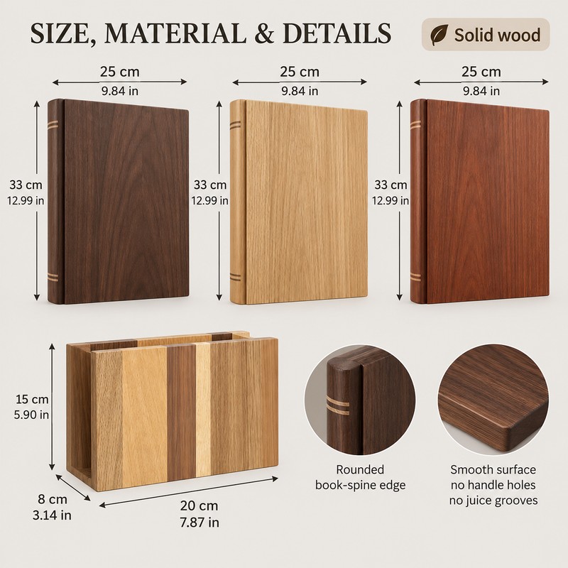 3-Piece Book-Shaped Wooden Cutting Board Set with Upright Storage Base