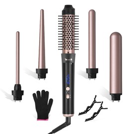 5 in 1 Curling Iron Wand, 4 Heating Levels Curling Iron Brush Set with 5 Interchangeable Barrels and 2 Clips, 360° Rotatable Cable Curling Wand Set for Women (W)