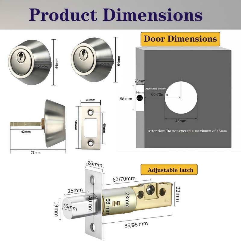 Eiqikayo Silver Steel Double-Head Cylinder Deadbolt Lock- High Security Anti-Kick