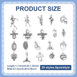 CRAFTYMELODY Pack of 120 Sports Charms 20 Styles Football Player Racket Rugby Basketball Alloy Sport Pendant Antique Silver Rugby Player Pendant