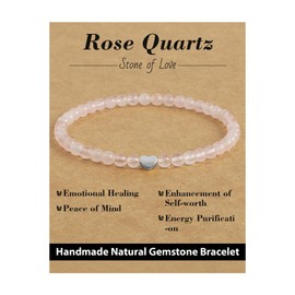 Landorilo Bracelets for Women, 4mm Natural Stone Healing Crystal with 925 Sterling Silver Heart Beads, Friendship Beaded Bracelet, Birthday, Valentine's Day, Christmas Love Gift（Rose Quartz）