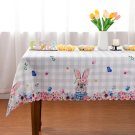 Easter Tablecloth, Easter Decorations for Home Bunny Easter Decor Happy Easter Table Cover Seasonal Spring Scallop Edge Table Cloth Table Decorations (60'' x 84'')