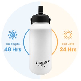 GMP star 18-8 Stainless Steel-Double-Wall Vacuum Insulation Water Bottle for Hot and Cold Drinks with Straw 1 Litre white UK Company