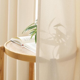 Topfinel Beige Linen Look Living Room Curtains with Eyelets Semi-Transparent Light Filters Voile Curtains Modern Curtain 140 x 225 cm for Bedroom Balcony Door Children's Room Set of 2