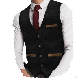 Yiaisafa Men's Tweed Suit Vest Hunting Herringbone Vest Vintage Retro Wool Wedding Groom Gilet S-3XL, black