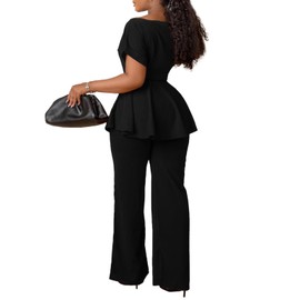 Women's 2 Piece Outfits Suit Set Short Sleeve Peplum Top Flared Pants Sets Business Pantsuits Black XXL