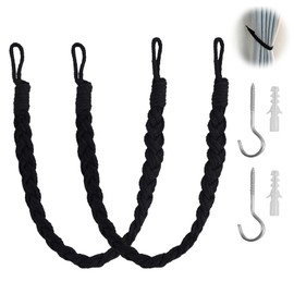 Curtain Tie Backs 2 Pack, Hand Knitting Curtain Tiebacks Cotton Rope Elegant Boho Style Curtain Ties with 2 Metal Hooks Soft Braided Drapery Drape Holdbacks for Home Office Decorative (Black)