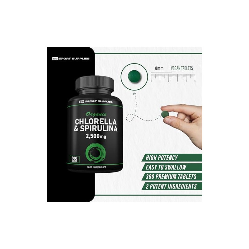 Organic Chlorella and Spirulina - 2500mg - 300 Tablets -