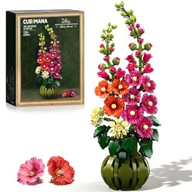 CUBIMANA Flowers Botanicals Alcea Rosea Building Set for Adults - Artificial Bonsai Plant for Home Desk Decoration, 974PCS Fake Flower Building Block Indoor Décor, Birthday for Women