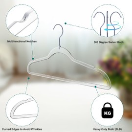 Quality Hangers Clear Plastic Hangers for Clothes | 200 Pack - Heavy Duty Hangers Space Saving Crystal Clear Acrylic Hangers | 360 Degree Swivel Hook and Notches | 17.5 Inch (Clear, 200)