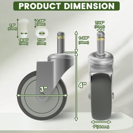 MySit 3 Inch Swivel Stem Caster 7/16" x 1-3/8" Stem TPR Rubber Caster Wheel for Rubbermaid Mop Bucket Cart Grill Casters, Pack of 4