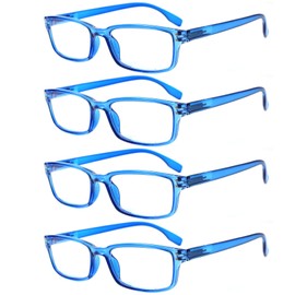 Kerecsen 4 Pack Reading Glasses for Men and Women with Spring Hinges, Lightweight Black Rectangular Readers Eyeglasses (4 Pack Blue, 1.0, diopters)