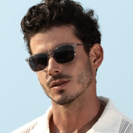 CARFIA Vintage Polarised Sunglasses for Men and Women, UV400 Protection, Ultralight Frame, Unisex polished transparent frame, grey lenses, M