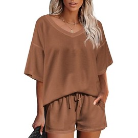 Ekouaer Womens 2 Piece Short Sleeve Waffle Knit V Neck Off Shoulder Casual Loose Fit Sweatsuit Outfits Brown S