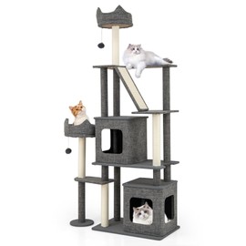 Tangkula 71 Inch Tall Cat Tree, Multi-Level Large Cat Tower with Scratching Posts & Sisal Board & Ladder, 2 Removable Condos, Perch, Bed, Dangling Balls, Modern Linen Fabric Cat Tree for Indoor Cat