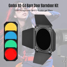 Godox BD-04 Barn Door Barndoor Kit with 4 Coloured Gel Filters for 7" Standard Reflector for GODOX SL60W SL150II SK400II and More Studio Lights