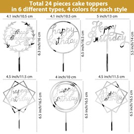 24 piezas de decoración de tarta de cumpleaños de acrílico para decoración de cupcakes de cumpleaños, decoración para fiestas de cumpleaños, pasteles, postres, 6 estilos, 4 colores