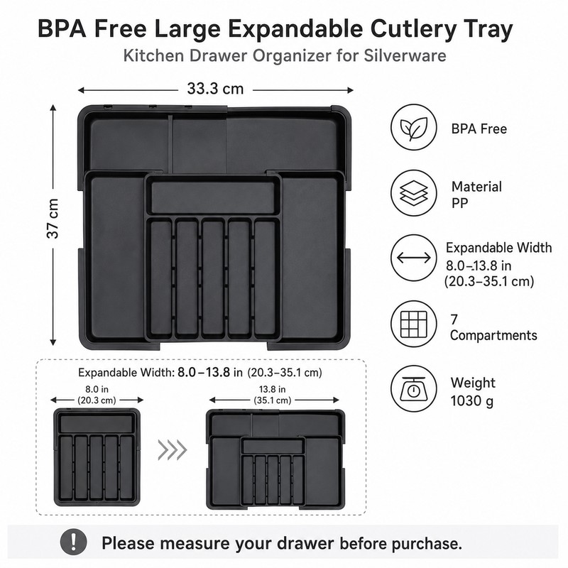 Expandable Silverware Organizer for Kitchen Drawers – 7-Compartment BPA-Free Cutlery