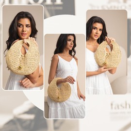 PHILOMENA Woven Straw Beach Bag for Women Handmade Raffia Circle Bag, Summer Boho Chic Tote Purse Handbag Small Round Purse (khaki)