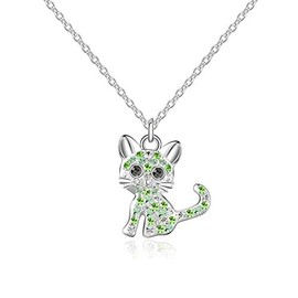 luomart Girls Cat Birthstone Necklaces Jewelry,Silver Plated Kitty Dog Pendant Gifts Set for Women Boys Men (Girls Peridot)