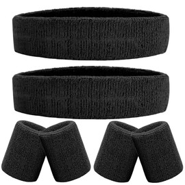 IMAGERIO 6 Pieces Sweatband Set Sports Headband Wristband Set, Moisture Wicking Athletic Sweatbands 4 Wrist Sweatband and 2 Headbands, Terry Cloth Sweat Absorbing Head Band for Workout -Black